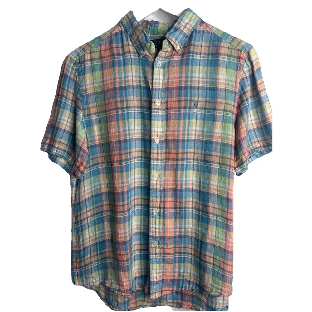 Ralph Lauren Shirt Youth‎ XL 18- 20 Plaid 100% Linen Madras Short Sleeve Button